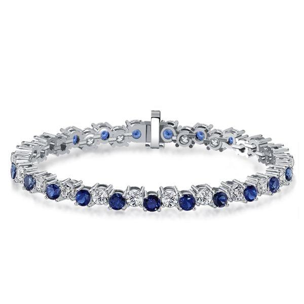 Sterling Silver White and Blue Sapphire Offset Link Bracelet for Weddings
