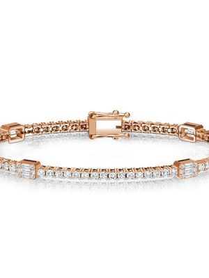 Rose Gold Plated Tennis Bracelet with Round & Baguette Cut Stones, 18K Silver