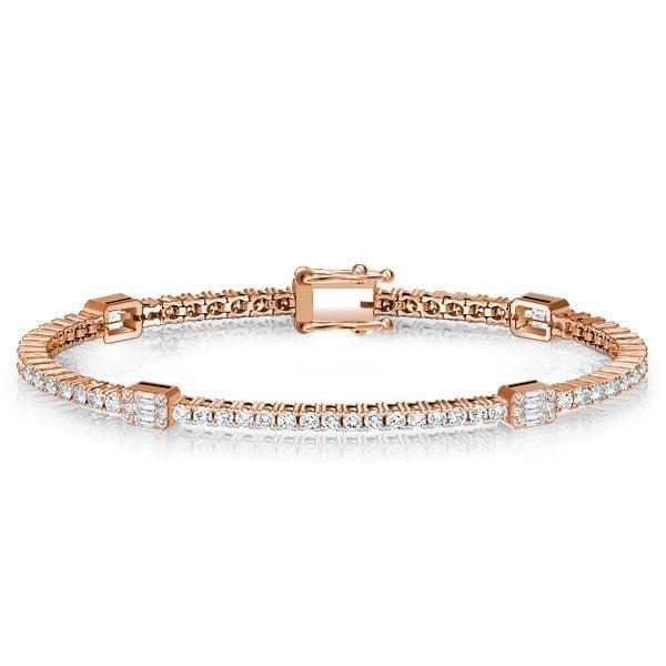Rose Gold Plated Tennis Bracelet with Round & Baguette Cut Stones, 18K Silver