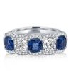 Alternating Blue and White Sapphire Halo Cushion Cut Wedding Band in Sterling Silver