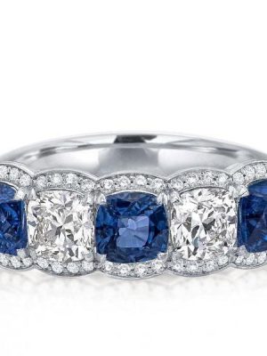 Alternating Blue and White Sapphire Halo Cushion Cut Wedding Band in Sterling Silver