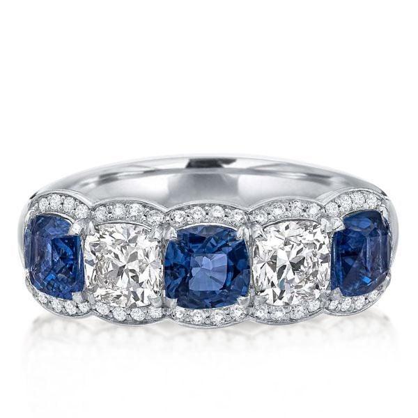 Alternating Blue and White Sapphire Halo Cushion Cut Wedding Band in Sterling Silver