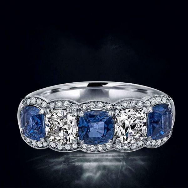 Alternating Blue and White Sapphire Halo Cushion Cut Wedding Band in Sterling Silver