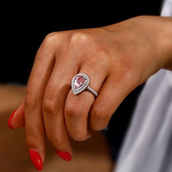 Pear Pink Sapphire Double Halo Ring | Sterling Silver Engagement Ring
