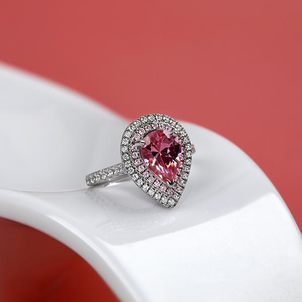 Pear Pink Sapphire Double Halo Ring | Sterling Silver Engagement Ring