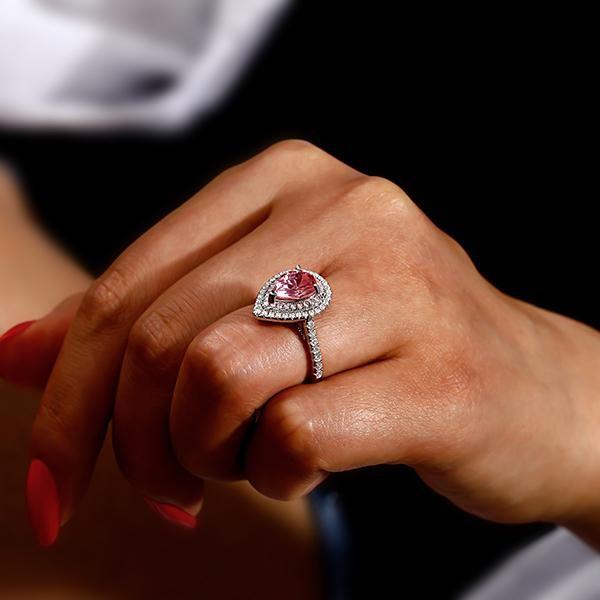 Pear Pink Sapphire Double Halo Ring | Sterling Silver Engagement Ring