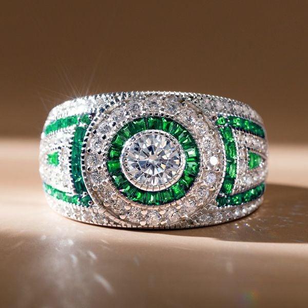 Vintage Emerald Sapphire Halo Engagement Ring in Rhodium Plated Sterling Silver