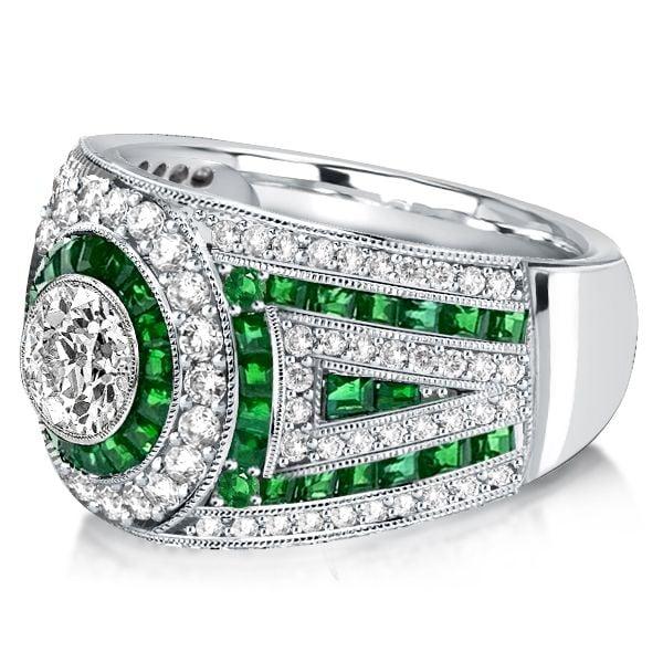 Vintage Emerald Sapphire Halo Engagement Ring in Rhodium Plated Sterling Silver