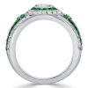 Vintage Emerald Sapphire Halo Engagement Ring in Rhodium Plated Sterling Silver