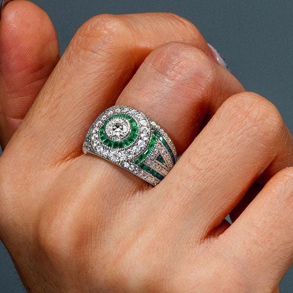 Vintage Emerald Sapphire Halo Engagement Ring in Rhodium Plated Sterling Silver
