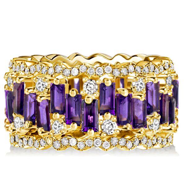 Golden Baguette Amethyst Multi-Row Band Ring in 18K Gold Plated Sterling Silver