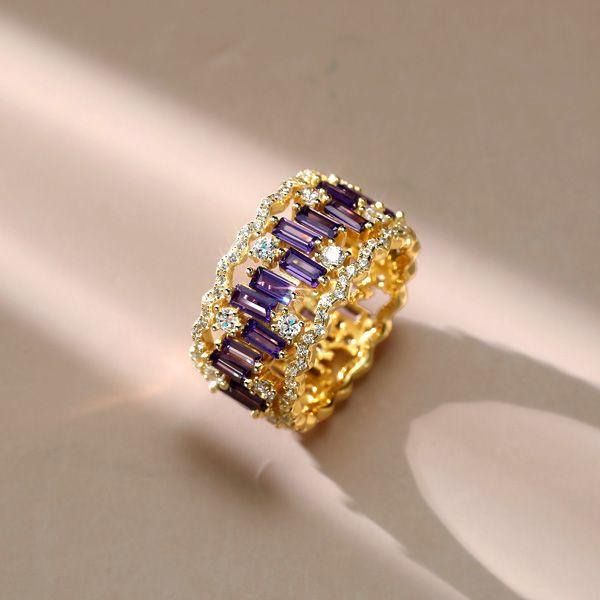 Golden Baguette Amethyst Multi-Row Band Ring in 18K Gold Plated Sterling Silver
