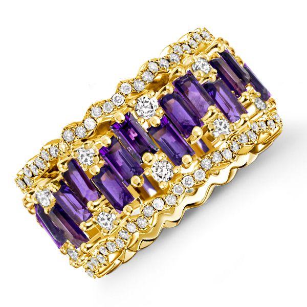 Golden Baguette Amethyst Multi-Row Band Ring in 18K Gold Plated Sterling Silver