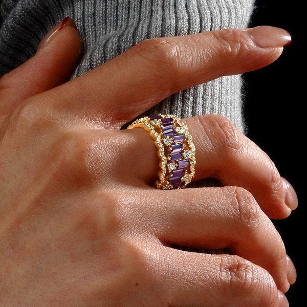 Golden Baguette Amethyst Multi-Row Band Ring in 18K Gold Plated Sterling Silver