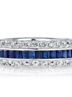 White & Blue Simulated Sapphire Eternity Wedding Band - Sterling Silver Triple Row