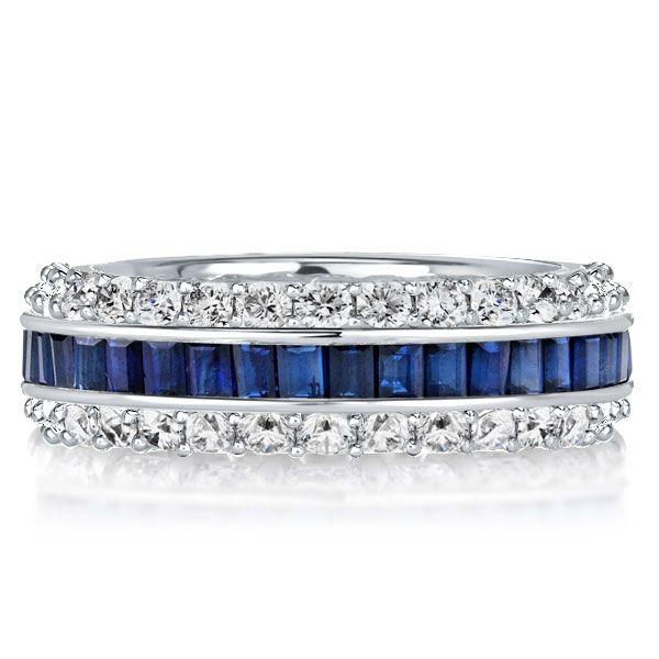 White & Blue Simulated Sapphire Eternity Wedding Band - Sterling Silver Triple Row