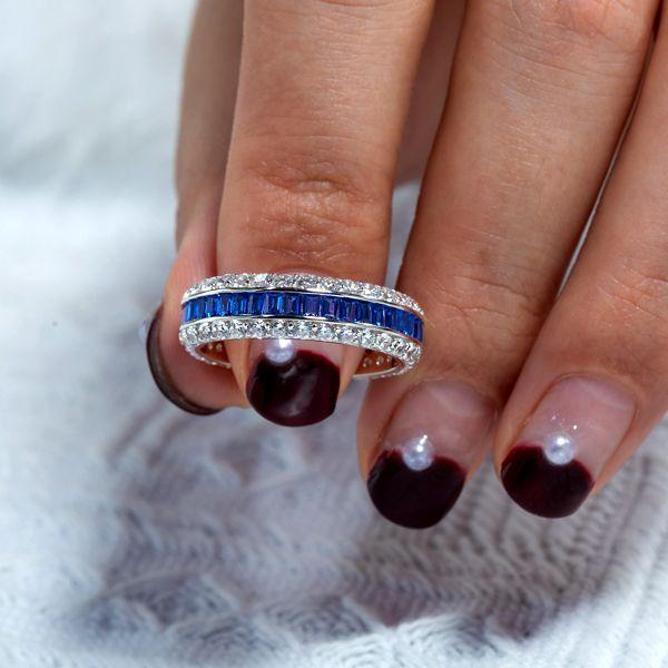 White & Blue Simulated Sapphire Eternity Wedding Band - Sterling Silver Triple Row