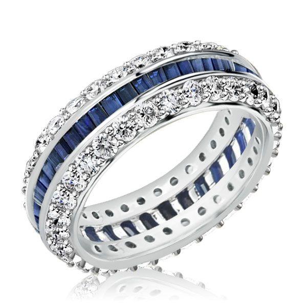 White & Blue Simulated Sapphire Eternity Wedding Band - Sterling Silver Triple Row