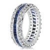 White & Blue Simulated Sapphire Eternity Wedding Band - Sterling Silver Triple Row