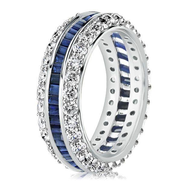 White & Blue Simulated Sapphire Eternity Wedding Band - Sterling Silver Triple Row