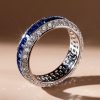 White & Blue Simulated Sapphire Eternity Wedding Band - Sterling Silver Triple Row