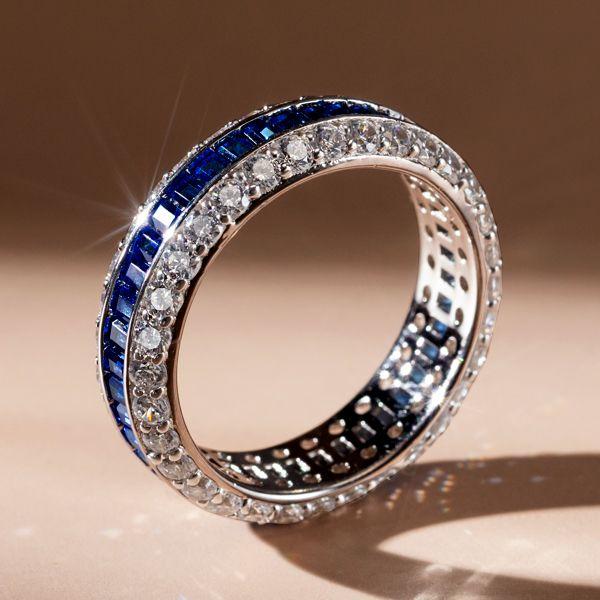 White & Blue Simulated Sapphire Eternity Wedding Band - Sterling Silver Triple Row