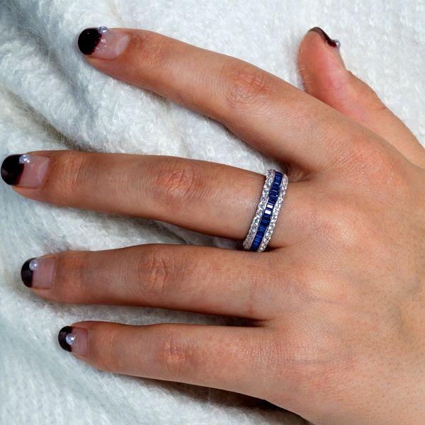 White & Blue Simulated Sapphire Eternity Wedding Band - Sterling Silver Triple Row