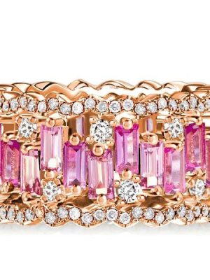 18K Rose Gold Plated Sterling Silver Wedding Band with Pink Sapphire Baguette Cut Stones