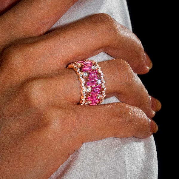 18K Rose Gold Plated Sterling Silver Wedding Band with Pink Sapphire Baguette Cut Stones