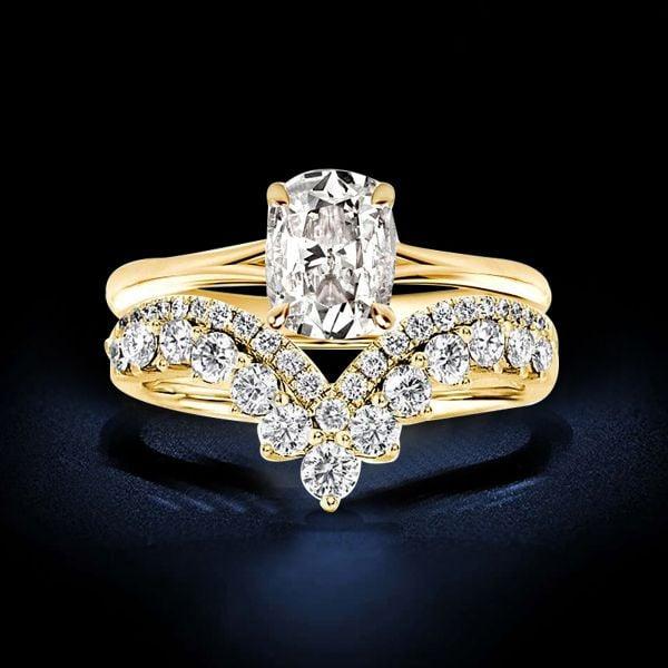 Cushion Cut Solitaire Bridal Wedding Set with Hidden Halo in 18K Gold Plated Sterling Silver