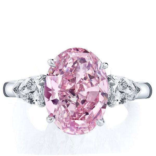 Pink Sapphire Engagement Ring - Oval Three Stone Sterling Silver Wedding Ring