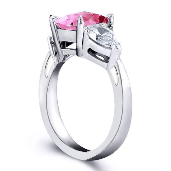 Pink Sapphire Engagement Ring - Oval Three Stone Sterling Silver Wedding Ring