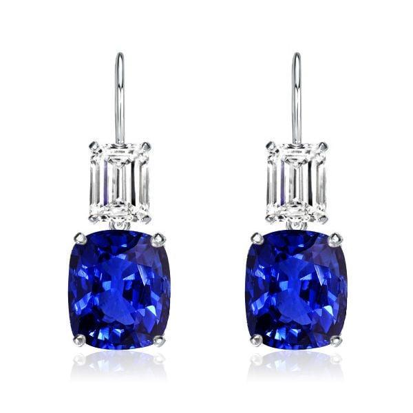 925 Sterling Silver Blue Sapphire Drop Earrings with Emerald & Cushion Cut Accents