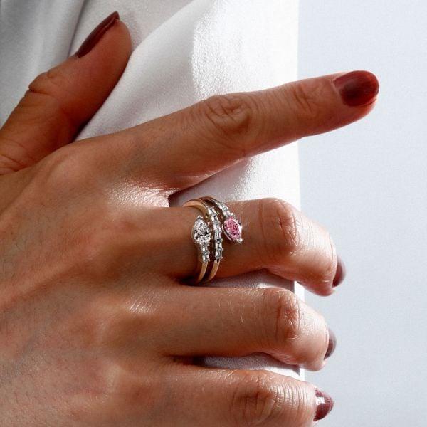 Sterling Silver Pear Shaped White Sapphire Pink Accent Spiral Statement Ring