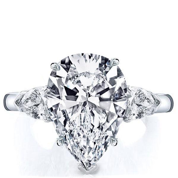 Pear Cut White Sapphire Engagement Ring, Sterling Silver Three Stone Ring for Women