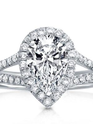 Pear Cut Created White Sapphire Engagement Ring - Sterling Silver Halo Split Shank
