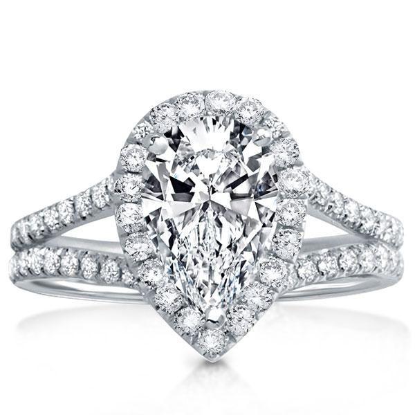 Pear Cut Created White Sapphire Engagement Ring - Sterling Silver Halo Split Shank