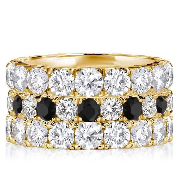 18K Gold Plated Sterling Silver Eternity Stackable Band Set - Black & White Stones