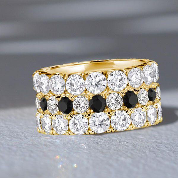18K Gold Plated Sterling Silver Eternity Stackable Band Set - Black & White Stones