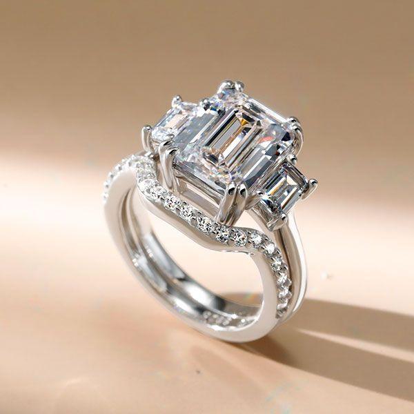 Amazing Solitaire Three Stone Bridal Set Sterling Silver 4.88 CT. TW.