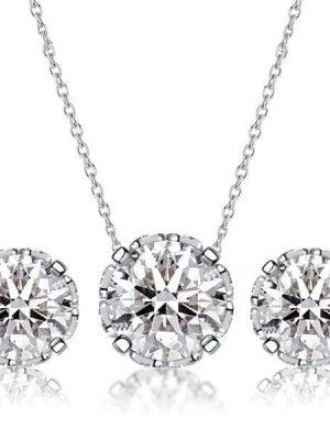 Vintage Style Round Cut White Sapphire Necklace and Earrings Jewelry Set in Rhodium Plated Sterling Silver