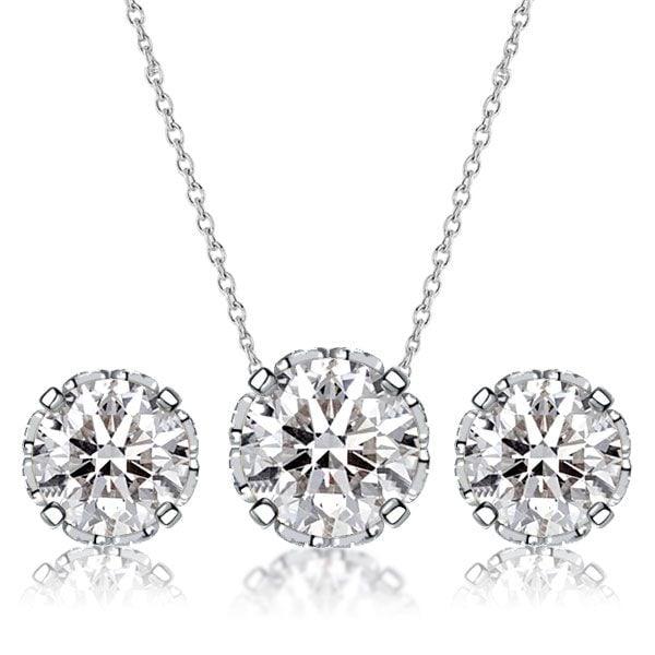 Vintage Style Round Cut White Sapphire Necklace and Earrings Jewelry Set in Rhodium Plated Sterling Silver