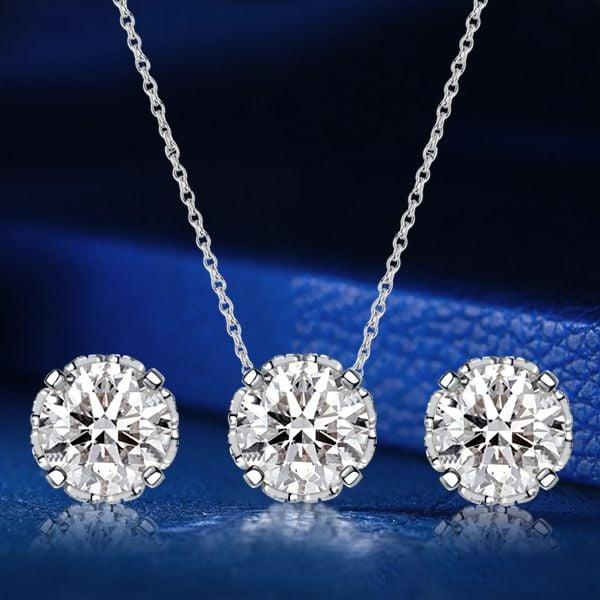 Vintage Style Round Cut White Sapphire Necklace and Earrings Jewelry Set in Rhodium Plated Sterling Silver
