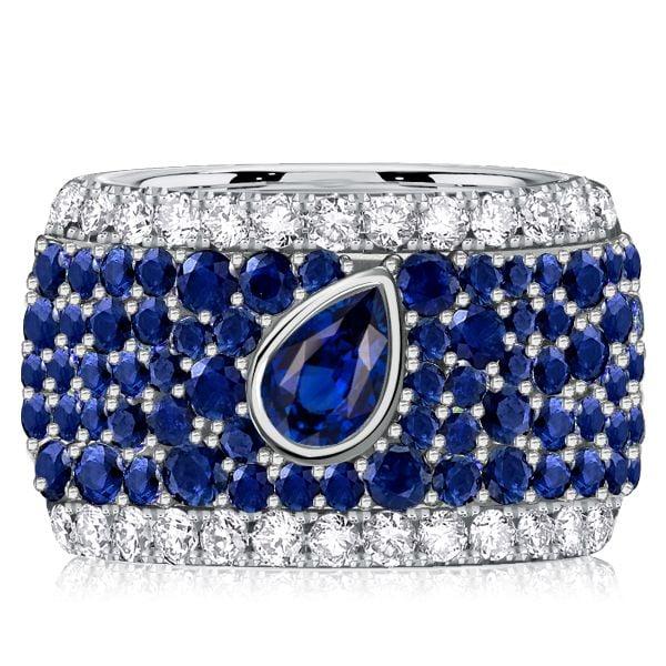 Micro-Pave Emerald & Pear Cut Blue Sapphire Eternity Band in Sterling Silver