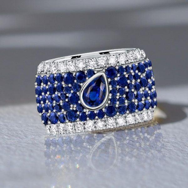 Micro-Pave Emerald & Pear Cut Blue Sapphire Eternity Band in Sterling Silver