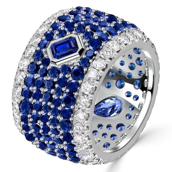 Micro-Pave Emerald & Pear Cut Blue Sapphire Eternity Band in Sterling Silver
