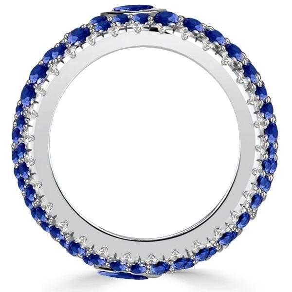 Micro-Pave Emerald & Pear Cut Blue Sapphire Eternity Band in Sterling Silver