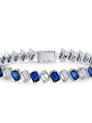 Emerald Cut White & Blue Stone Tennis Bracelet - Sterling Silver