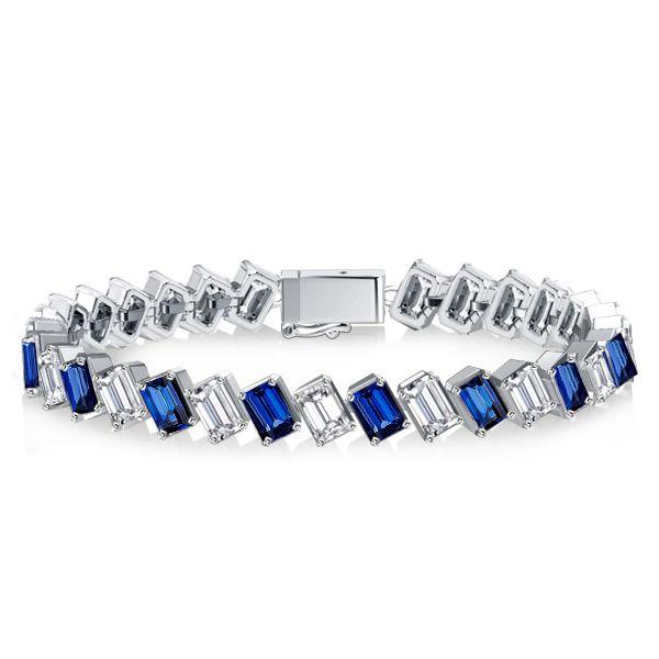 Emerald Cut White & Blue Stone Tennis Bracelet - Sterling Silver