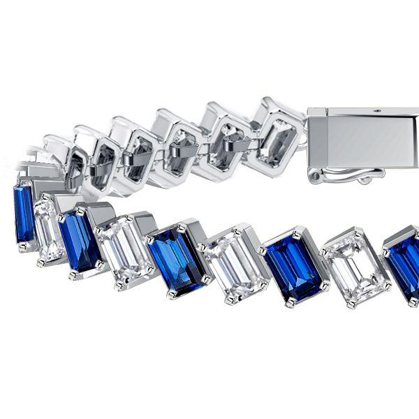Emerald Cut White & Blue Stone Tennis Bracelet - Sterling Silver